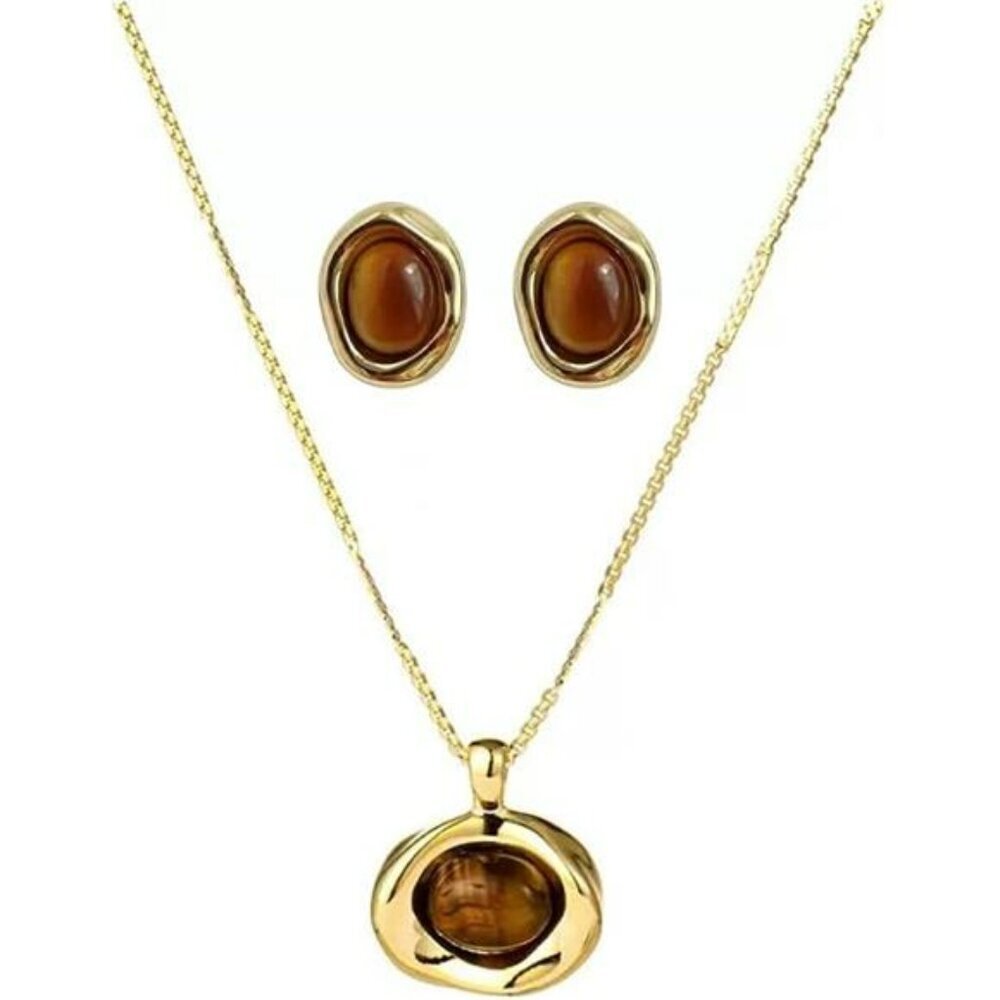 Gold tigers eye stone necklace earrings set chunky gemstone pendant fashion jewe
